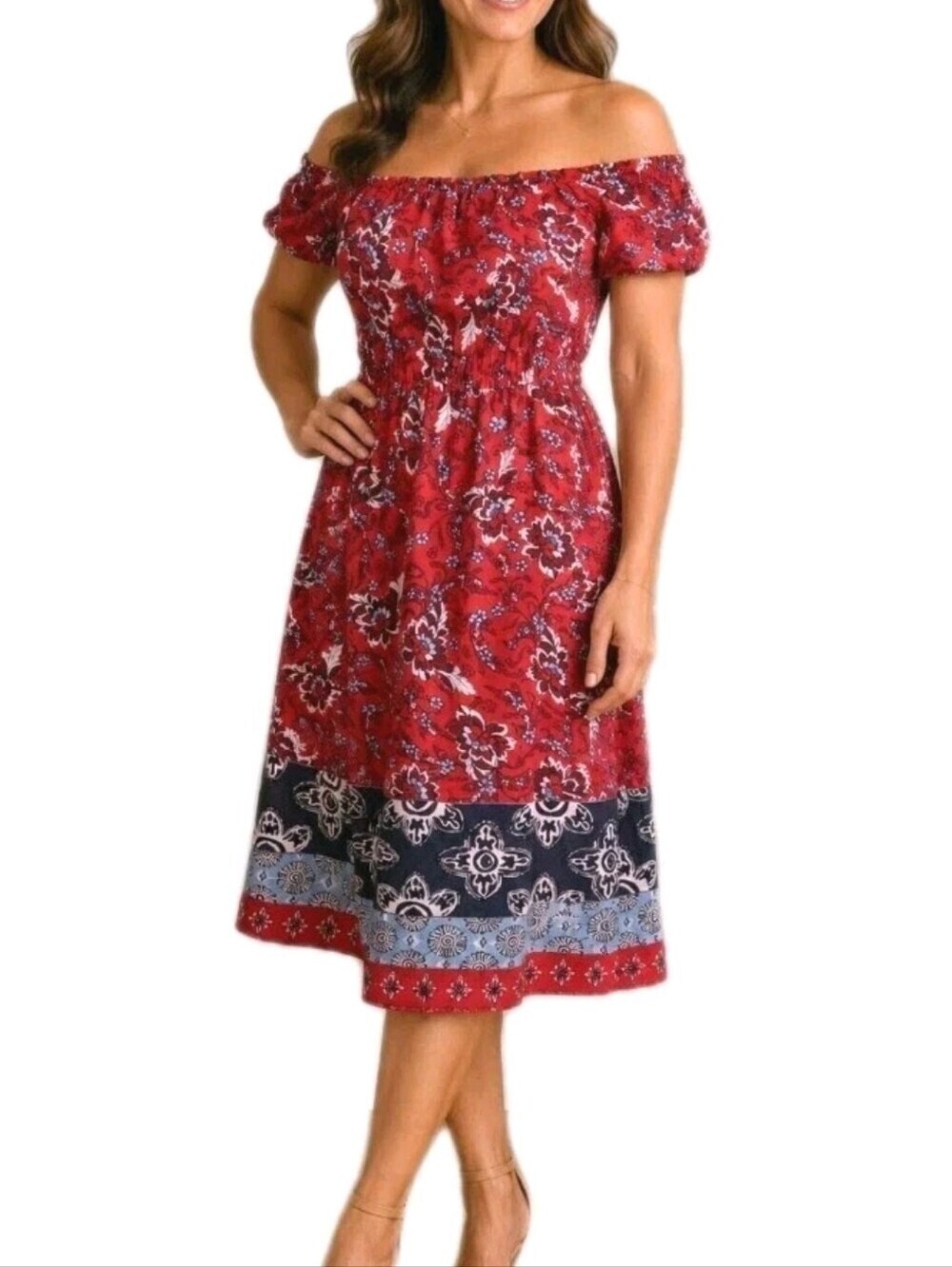 Lane Bryant ~Woman Size 14/16~ Red Floral Empire Waist Midi Lined Dress Cotton